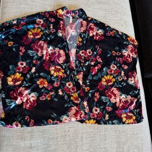 Vintage Women's Floral Burnout Velvet Cropped Kimona Top Sz L